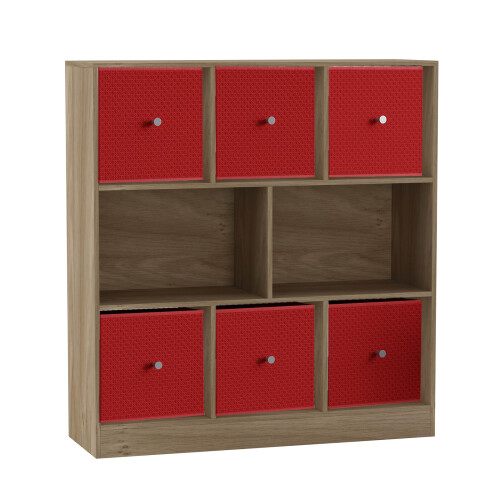 URBN Living (Oak Bookcase, Red Drawer) Asymmetrical 8 Cube Bookcase Shelf Storage Unit with 6 Fabric Drawer Inserts 1