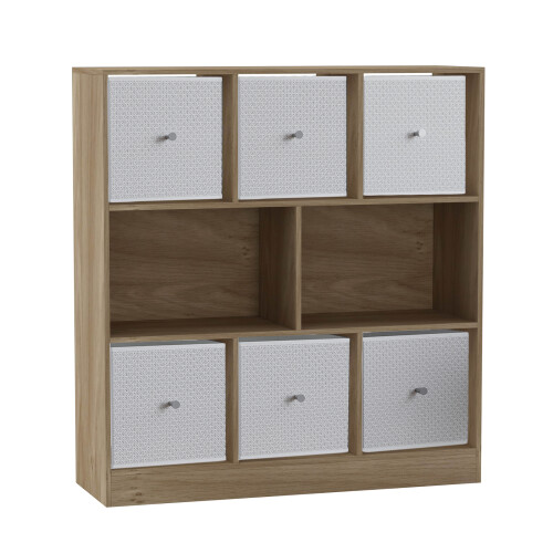 URBN Living (Oak Bookcase, White Drawer) Asymmetrical 8 Cube Bookcase Shelf Storage Unit with 6 Fabric Drawer Inserts 1