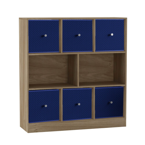 URBN Living (Oak Bookcase, Royal Blue Drawer) Asymmetrical 8 Cube Bookcase Shelf Storage Unit with 6 Fabric Drawer Inserts 1