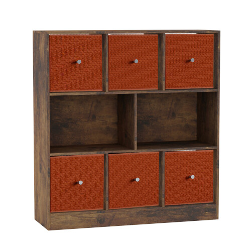 URBN Living (Rustic Brown Bookcase, Orange Drawer) Asymmetrical 8 Cube Bookcase Shelf Storage Unit with 6 Fabric Drawer Inserts 1