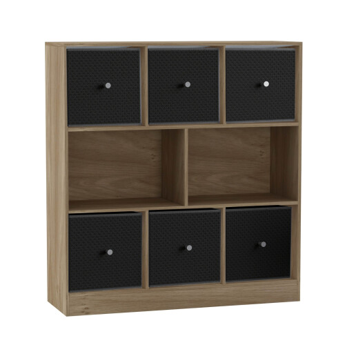 URBN Living (Oak Bookcase, Black Drawer) Asymmetrical 8 Cube Bookcase Shelf Storage Unit with 6 Fabric Drawer Inserts 1