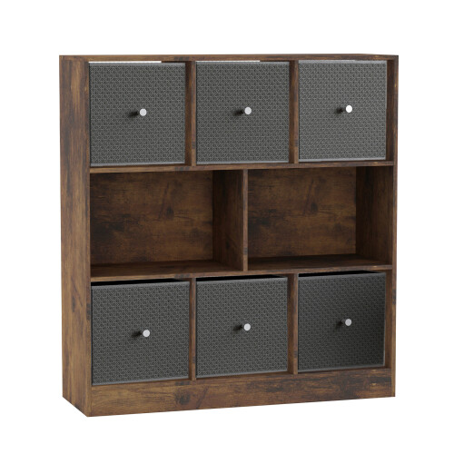 URBN Living (Rustic Brown Bookcase, Dark Grey Drawer) Asymmetrical 8 Cube Bookcase Shelf Storage Unit with 6 Fabric Drawer Inserts 1