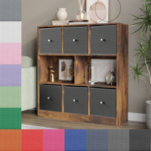 (Rustic Brown Bookcase, Navy Blue Drawer) Asymmetrical 8 Cube Bookcase Shelf Storage Unit with 6 Fabric Drawer Inserts