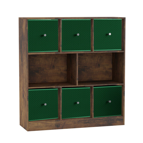 URBN Living (Rustic Brown Bookcase, Green Drawer) Asymmetrical 8 Cube Bookcase Shelf Storage Unit with 6 Fabric Drawer Inserts 1