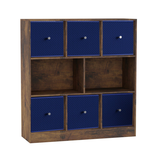 URBN Living (Rustic Brown Bookcase, Royal Blue Drawer) Asymmetrical 8 Cube Bookcase Shelf Storage Unit with 6 Fabric Drawer Inserts 1