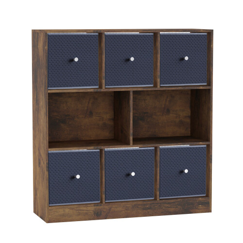 URBN Living (Rustic Brown Bookcase, Navy Blue Drawer) Asymmetrical 8 Cube Bookcase Shelf Storage Unit with 6 Fabric Drawer Inserts 1