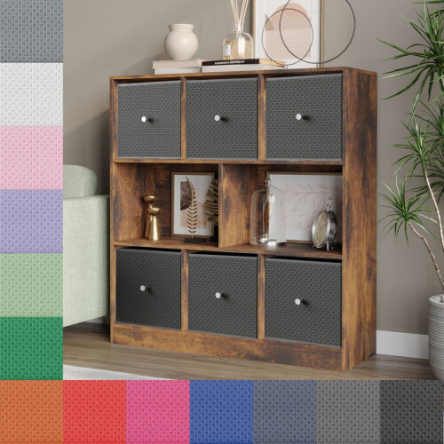 URBN Living (Rustic Brown Bookcase, Beige Drawer) Asymmetrical 8 Cube Bookcase Shelf Storage Unit with 6 Fabric Drawer Inserts