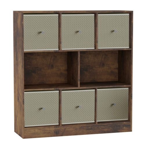 URBN Living (Rustic Brown Bookcase, Beige Drawer) Asymmetrical 8 Cube Bookcase Shelf Storage Unit with 6 Fabric Drawer Inserts 1