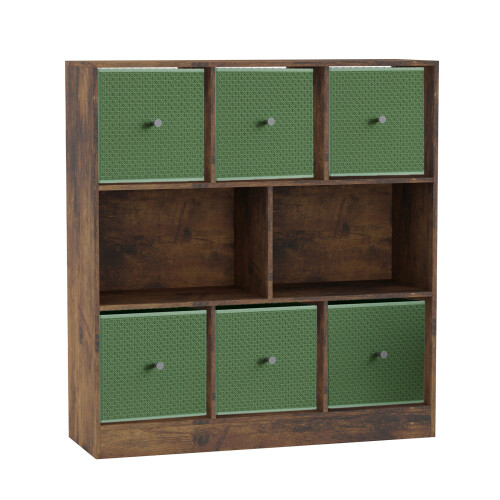 URBN Living (Rustic Brown Bookcase, Pastel Green Drawer) Asymmetrical 8 Cube Bookcase Shelf Storage Unit with 6 Fabric Drawer Inserts 1