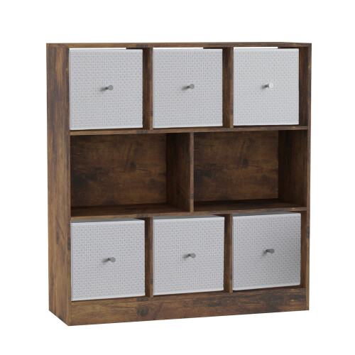 URBN Living (Rustic Brown Bookcase, White Drawer) Asymmetrical 8 Cube Bookcase Shelf Storage Unit with 6 Fabric Drawer Inserts 1
