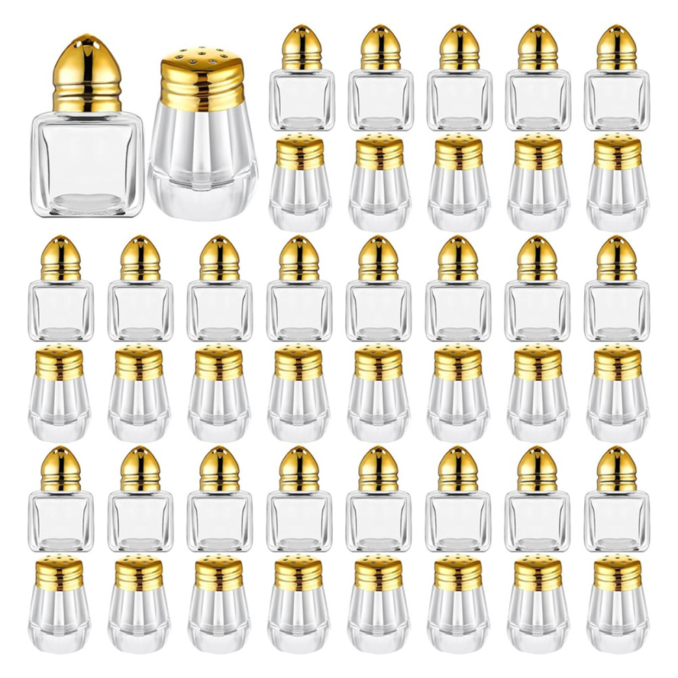 Mini salières et poivrières transparentes, assaisonnements dorés
