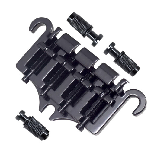 Black Zinc Alloy 3-Point 4-String Bass Bridge Tailpiece with Height-Adjustable Posts