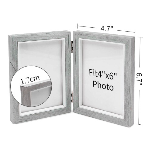 Double Picture Frame 4X6in Grey Photo Frames Wooden Hinged Folding 1