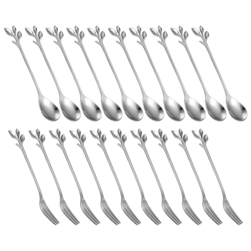 20 Pcs 4.7 Inch Cake Fork,Coffee Spoon,Silver,(10 Spoon + 10 Fork)