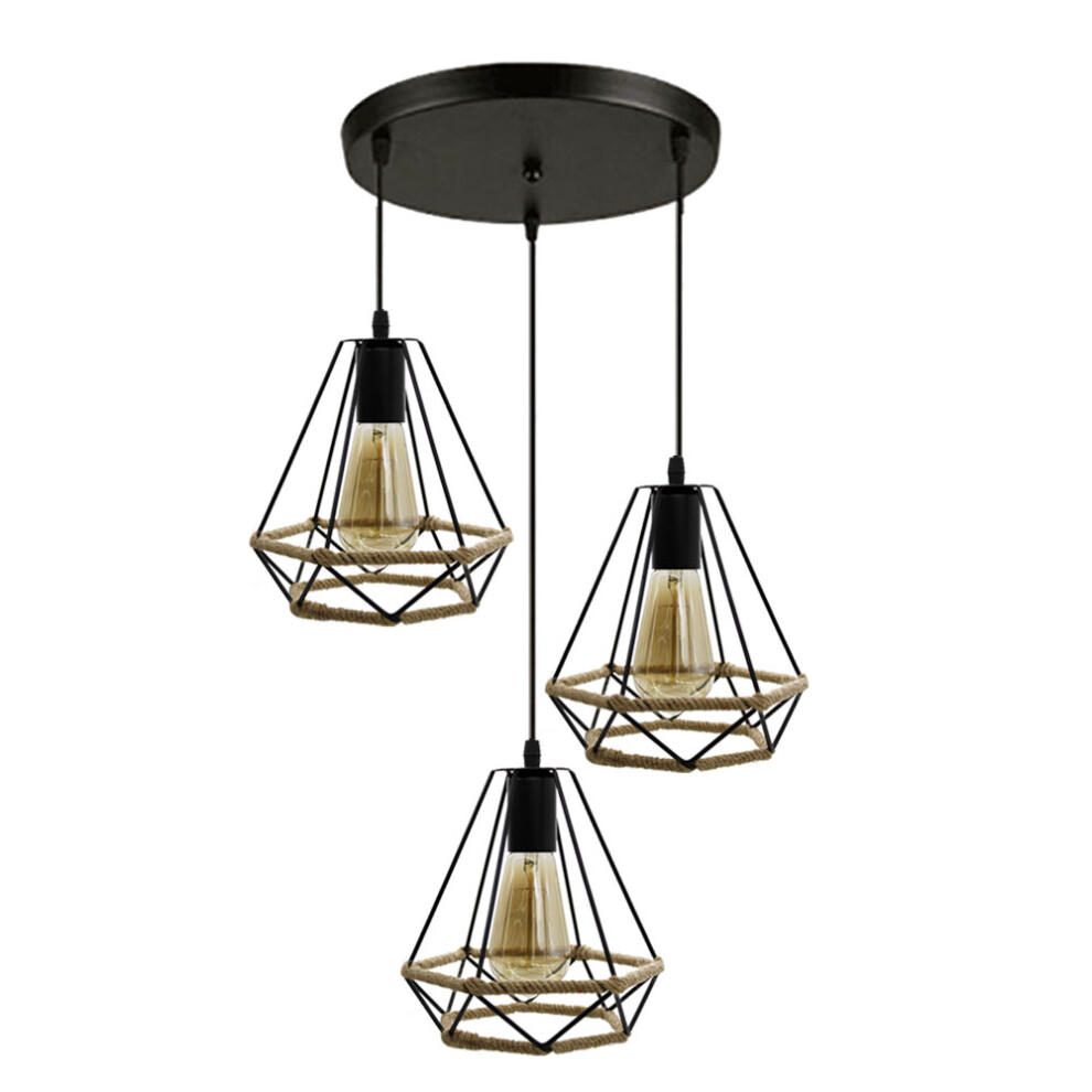 Retro Industrie Kronleuchter Schwarz 20CM Hanfseil Diamant Deckenleuchte Nostalgie Klassische Pendelleuchte 3 KöPfe FüR Loft Schlafzimmer-image