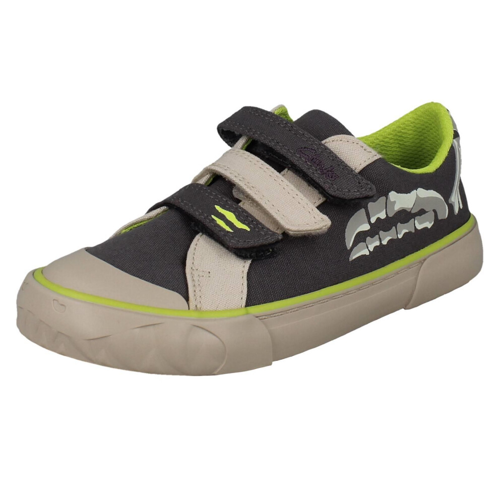 (Grey, UK 7 Infant) Boys Clarks Dinosaur Canvas Shoes with Multi Strap Fastening - Foxing Stomp