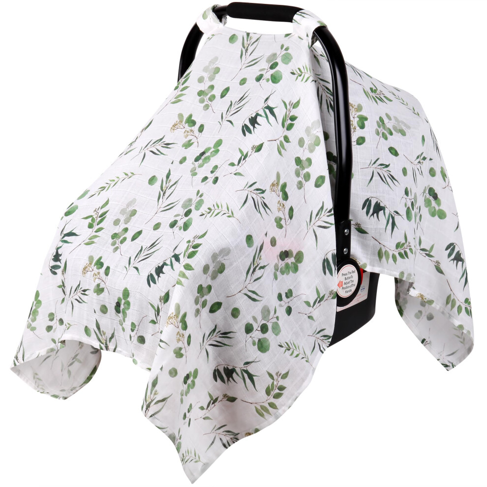 Rquite Car Seat Cover For Girl Boy, Muslin Cotton Infant Car Seat Canopy, Breathable Baby Carrier Cover, Summer Stroller Sun Shade, Leaf