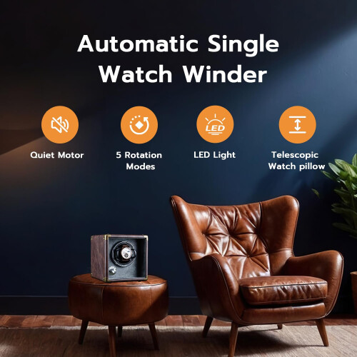 Mcbazel Automatic Watch Winder,PU Leather Automatic Single Watch Winder Turner Rotator Display Box with LED Light/Quiet Motor-Brown 1