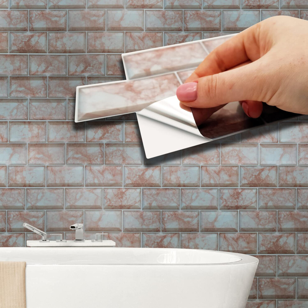Walplus 28.5X14cm@24 Pcs Rose Marble Subway Brick Tile Sticker Backsplash Tile Paint Stick On Tiles Peel And Stick Self Adhesive Wall Tiles Stickers 5056451904133