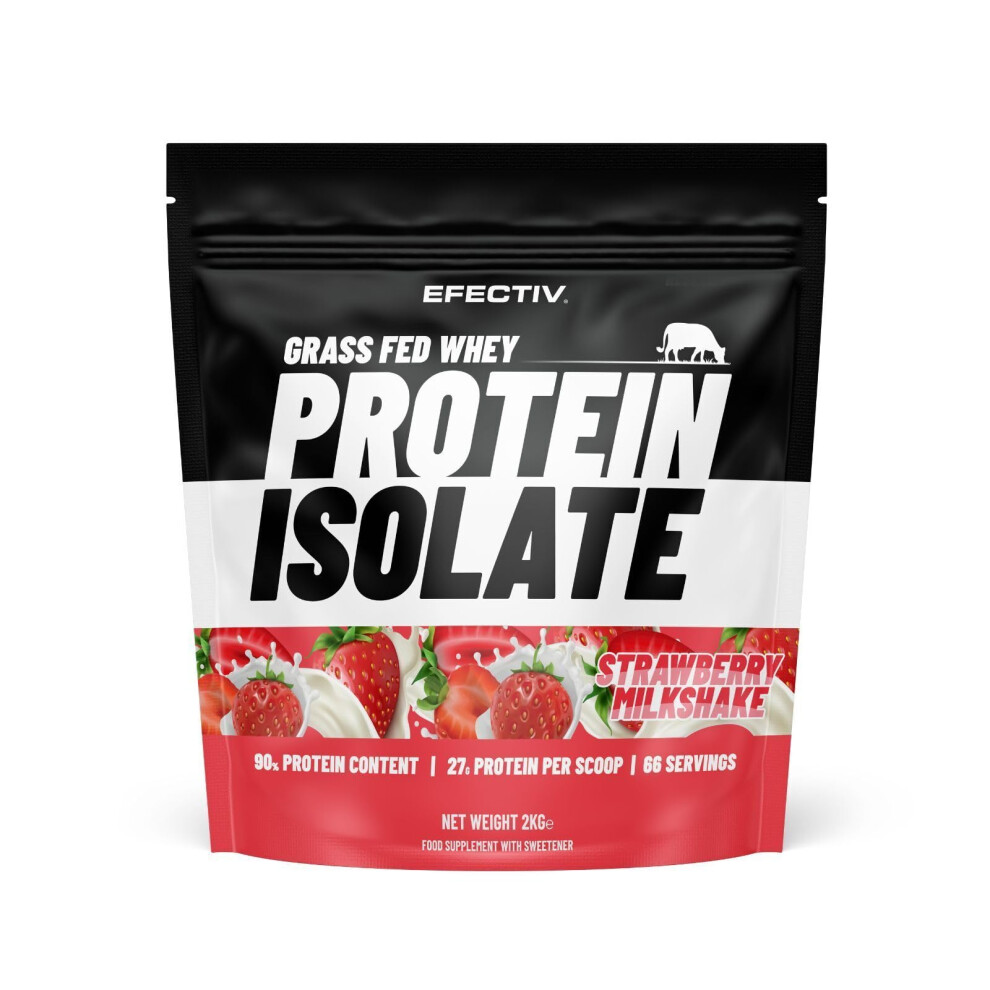 Efectiv Grass Fed Ultra-Filtered Whey Protein Powder Isolate 2KG - Strawberry Milkshake - 27g Protein & 90% Protein Content - 66 Servings - Low Fat,