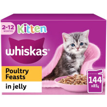 Whiskas Kitten Food Wet, 2-12 Months, Poultry Feasts in Jelly, 144 x 85g Cat Food Pouches