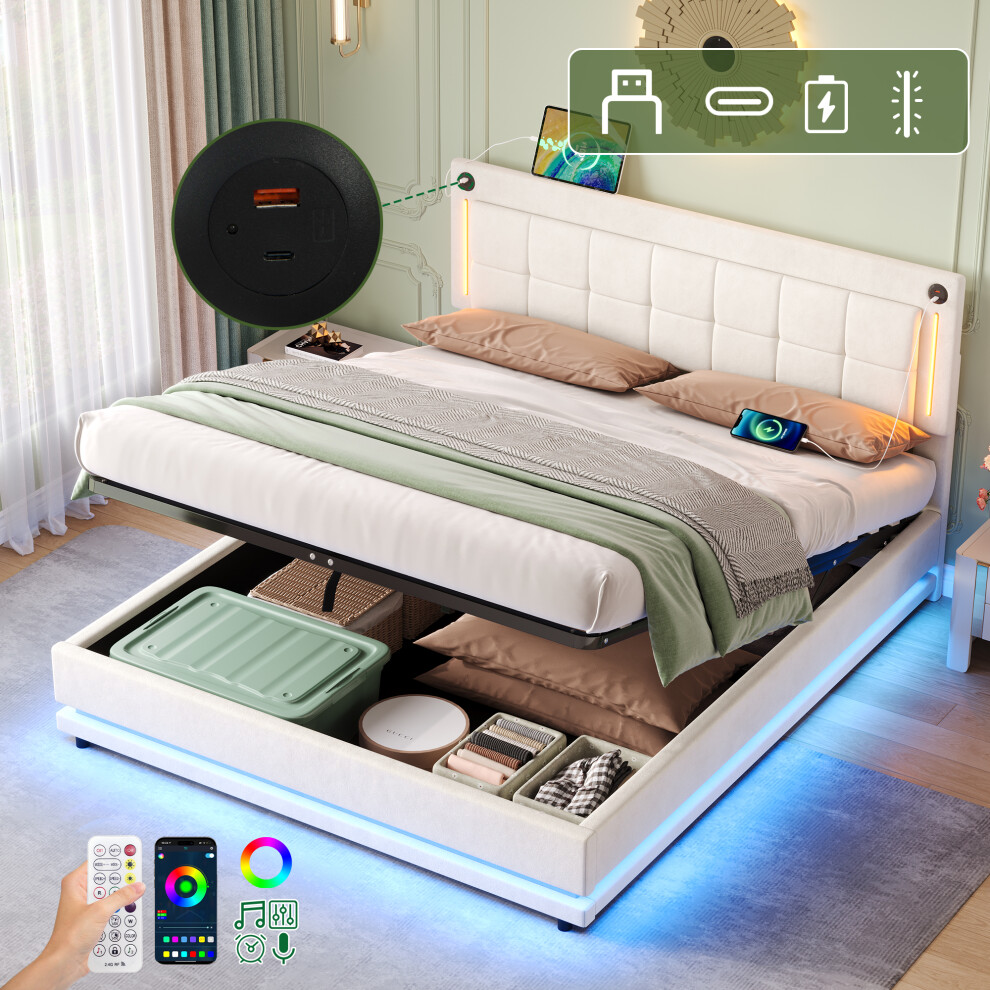 Btm (5Ft King) Led Hydraulic Bed With Charging Station Cream