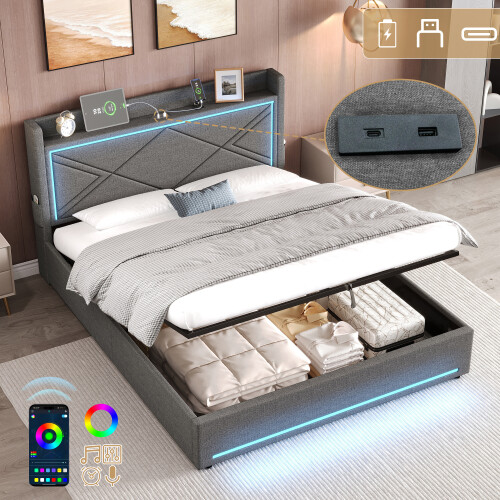 4ft6 Double Upholstered Bed Frame with Hydraulic Storage