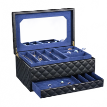 Elegant Black Leather Jewelry Organizer with Mirror - Dustproof Drawer Storage for Earrings, Rings, and Necklaces