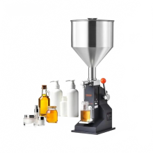 Roestvrijstalen verstelbare 50 ml handmatige vloeistofvulmachine met hopper - I voor melk, olie en shampoo