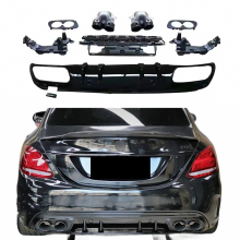 Mercedes Benz C-Class W205 AMG Sedan Rear Bumper Diffuser Lip Splitter with Exhaust Muffler Pipe - C43 Style (2015-2021)