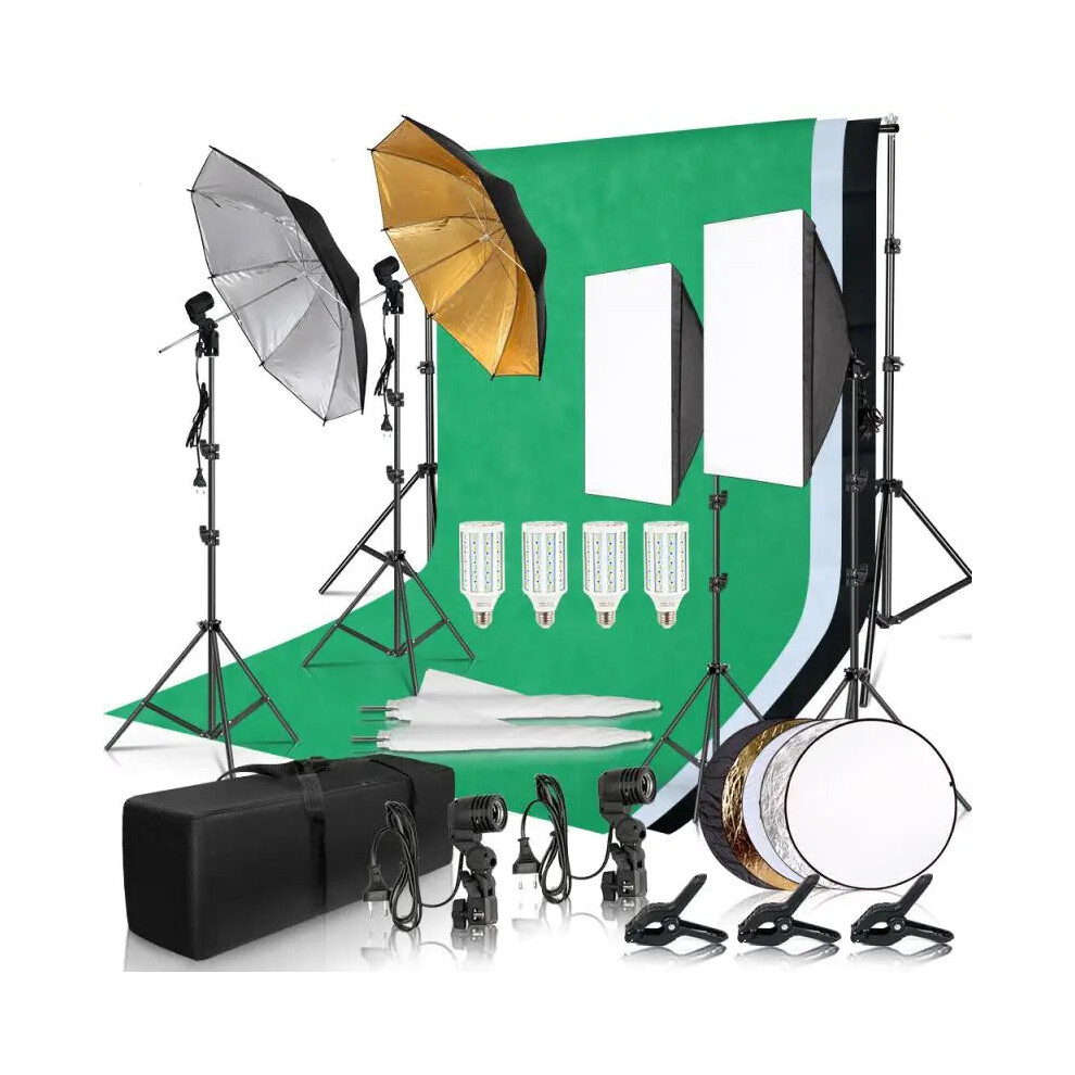 Complete Photography Studio Softbox Lighting Kit With Background Frame, Tripod Stand, Reflector, And 4 Umbrellas 313046144165