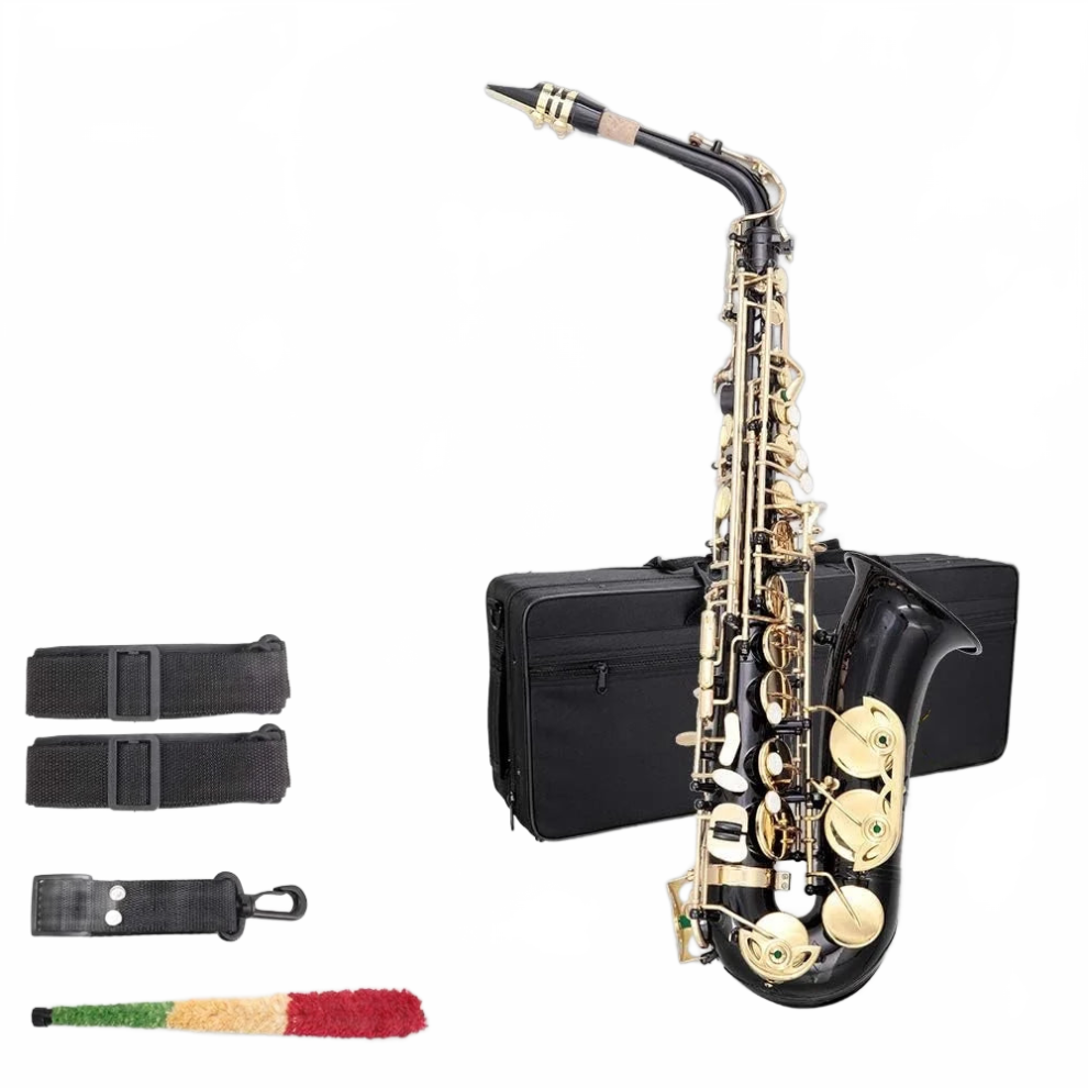 Beginner's Alto Eb E-Flat Saxophone Kit - Lacquer Finish With Case, Reeds, Mouthpiece, Cleaning Cloth, And Rod Gold 744110620535