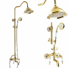 Luxuriöses wandmontiertes goldenes Regenfall - Dusch - und Badewannenarmatur - Set mit drehbarem Auslauf, Doppelgriffen und Keramik - Handbrause