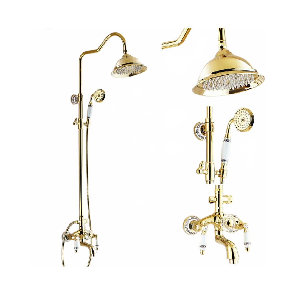 Luxurious Wall-Mounted Golden Rainfall Shower & Tub Faucet Set With Rotating Spout, Dual Handles, And Ceramic Handshower 726084186606