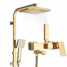 Elegant Gold Brass Shower Faucet Set with Rainfall Showerhead and Shelf - Complete Bathroom Mixer and Bidet Spray System