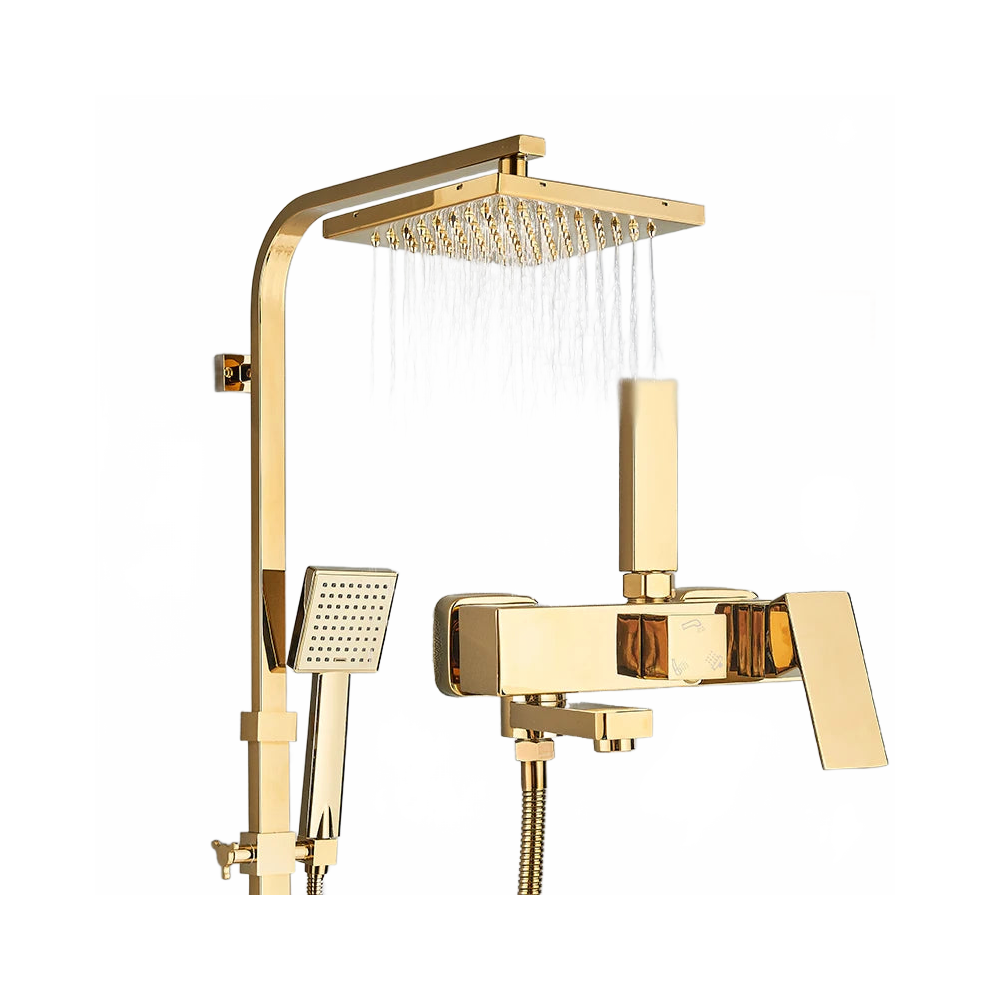 Elegant Brass Shower Faucet Set With Rainfall Showerhead And Shelf - Complete Bathroom Mixer And Bidet Spray System Gold 313016985965