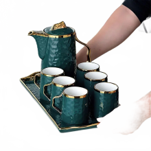 Elegant Green Porcelain Coffee Set - Includes 1 Teapot, 6 Cups, and 1 Tray - Perfect Ceramic Drinkware for Weddings and Special Occasions