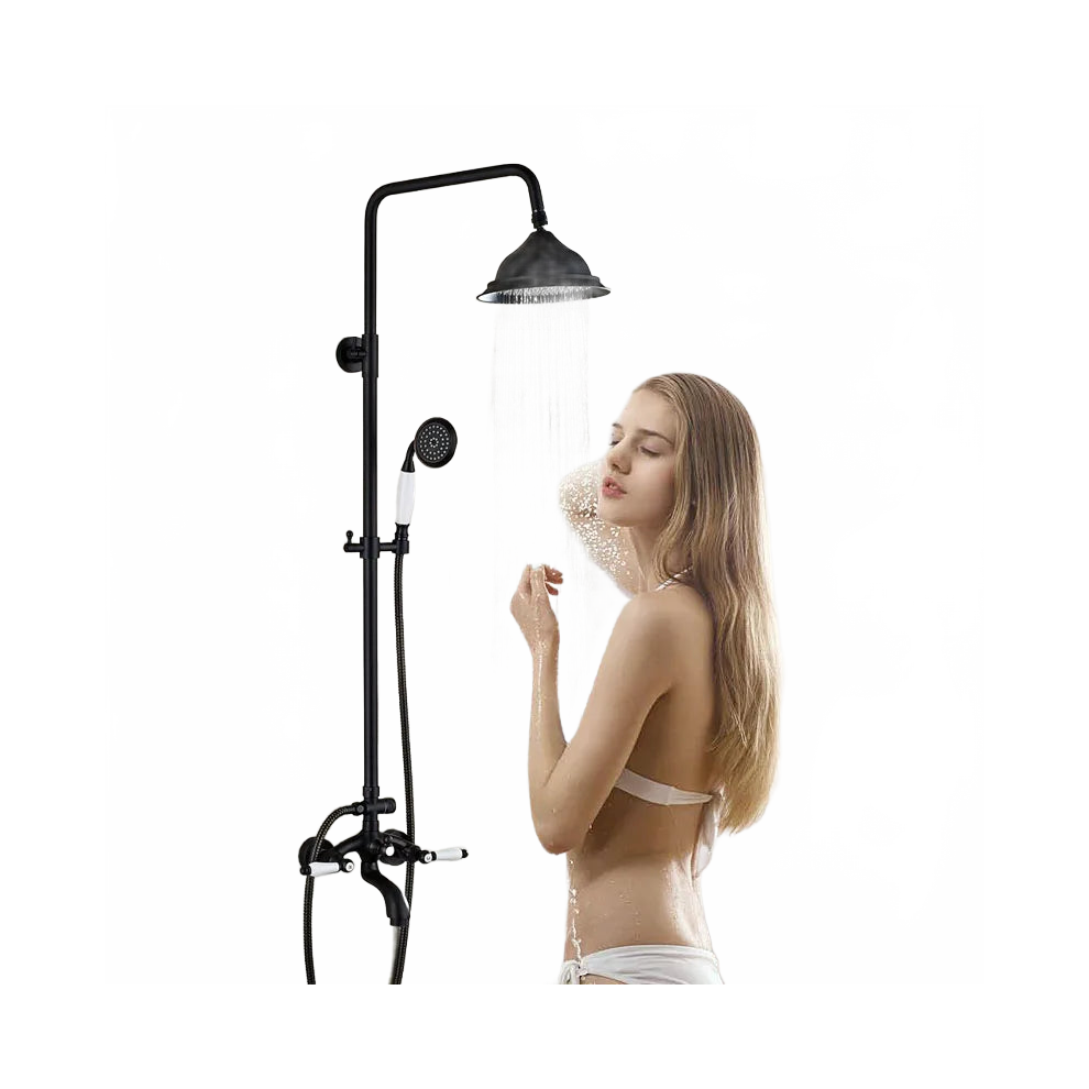 Elegant Dual Handle Bathtub Shower Set With 8-Inch Rainfall Showerhead And Wall-Mounted Tub Spout Black/Bronze 313045111120