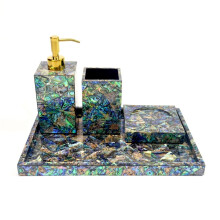 Elegant Abalone Shell Bathroom Set: Handcrafted Luxury Accessories with Lotion Bottle, Tumbler, Soap Dish, and Tray