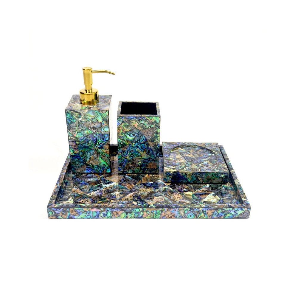 Elegant Abalone Shell Bathroom Set: Handcrafted Luxury Accessories With Lotion Bottle, Tumbler, Soap Dish, And Tray 744110194913