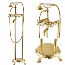Elegant Gold Floor-Standing Bathtub Faucet Set with Telephone Style Shower Mixer and Brass Luxury Finish