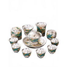 Elegant 999 Sterling Silver Tea Set with Hand-Painted Relief Design - Complete Kung Fu Tea Set Assembly with Teapot, Lid, and Bowl