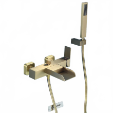 Brushed Gold Wall-Mounted Bathtub Shower Set with Gray Faucet - Brass Cold & Hot Mixer Taps for Bathroom