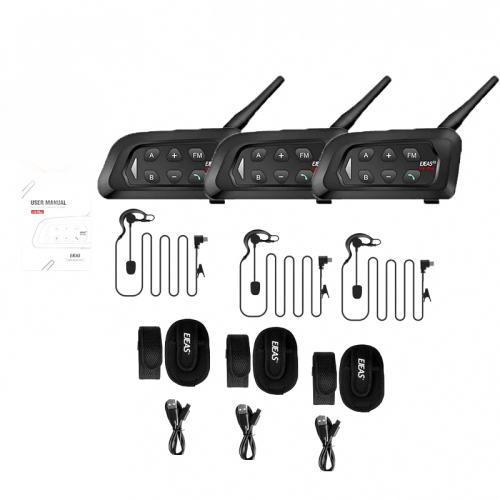 Ejeas V4C Plus Bluetooth 5.1 Intercom Set - Waterproof IP65, 1200m Range, 4-Person Simultaneous Communication, Hanging Ear Design, 3-Pack