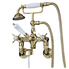 Elegant Brass Wall-Mounted Bathtub Faucet Set with Classical Cross Handles in Gold Chrome Finish