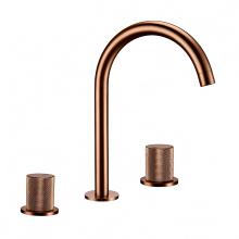 Elegant Brushed Rose Gold Widespread Basin Faucet Set with Knurled Handles - 3-Piece Deck Mounted Mixer for Hot and Cold Water
