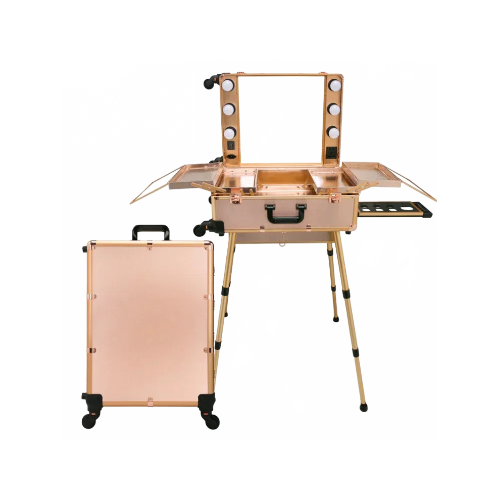 Pink Deluxe Aluminum Rolling Makeup Trolley With Led Mirror And Table
