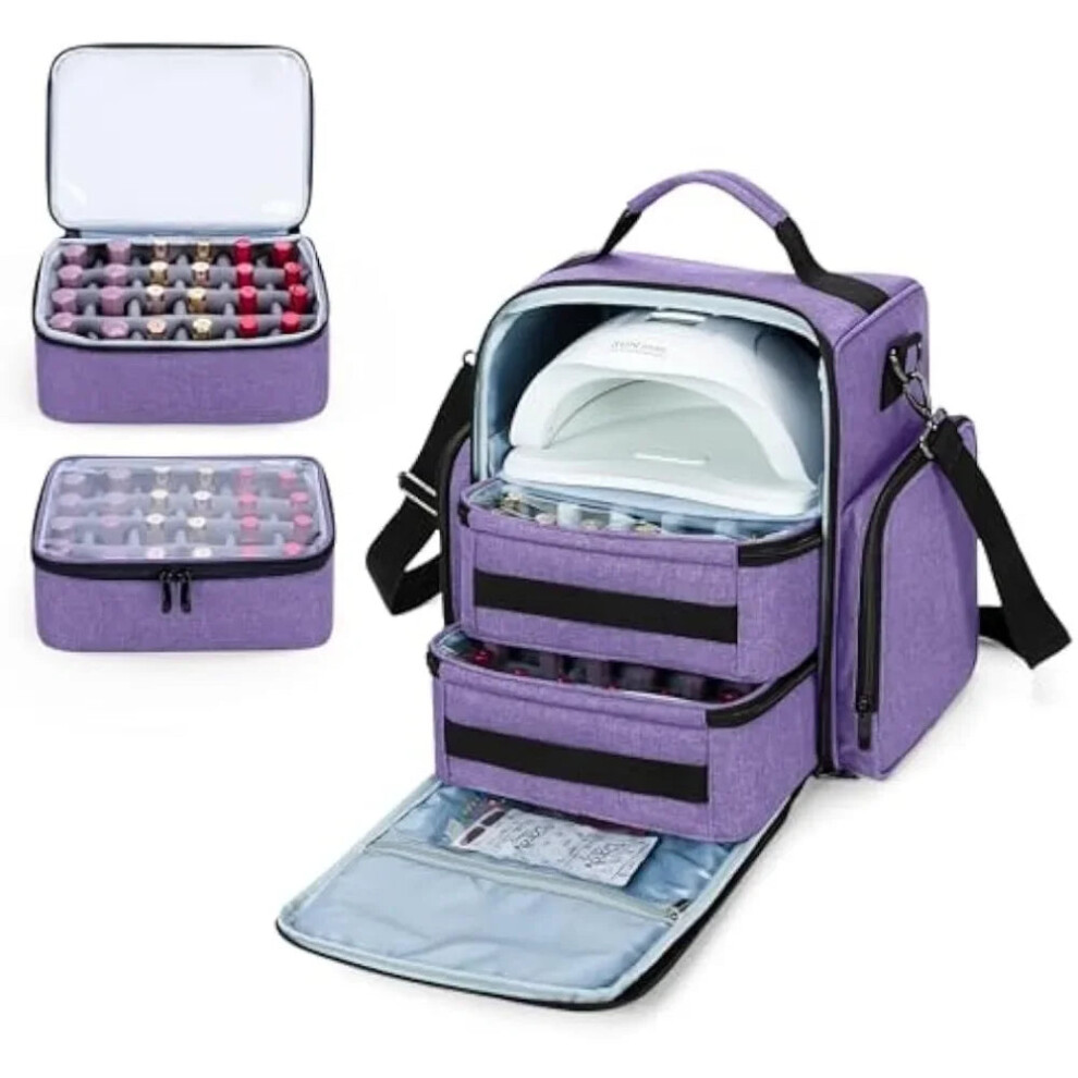 Purple Nail Polish Organizer With Lamp - Holds 48 Bottles (15Ml/0.5 Fl Oz) - Large Makeup Bag With 2 Removable Pouches & Multiple Sections
