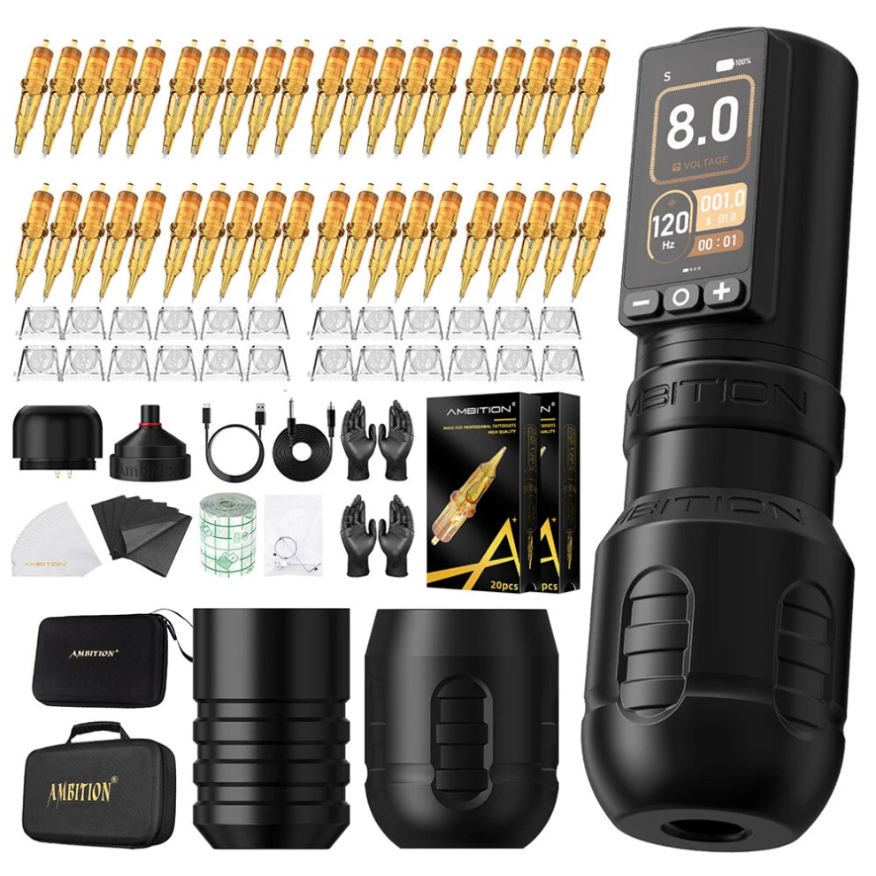 Ambition Torden Max Kit: 4.0-3.5mm Wireless Tattoo Machine with Brushless Motor, Straight Rod Pen, 2400mAh Battery & Touch Screen