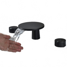 Moderner schwarzer massiver Messing - Wasserfall - Badwaschbeckenhahn - 3 - Loch - Design mit doppelt runden Griffen und Ventil
